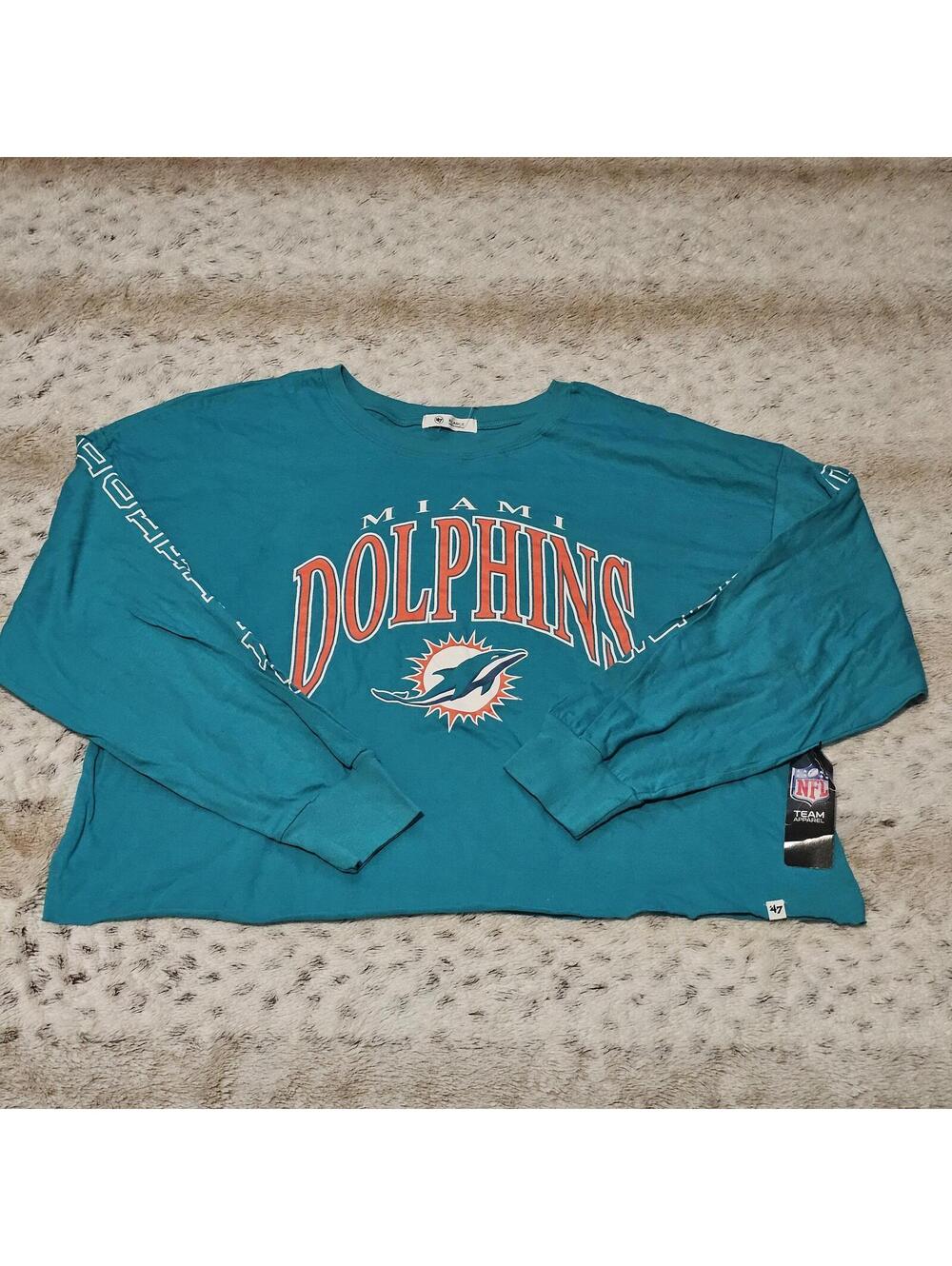 '47 Brand Aqua Miami Dolphins Skyler Parkway Long Sleeve Cropped T-Shirt XL NWT